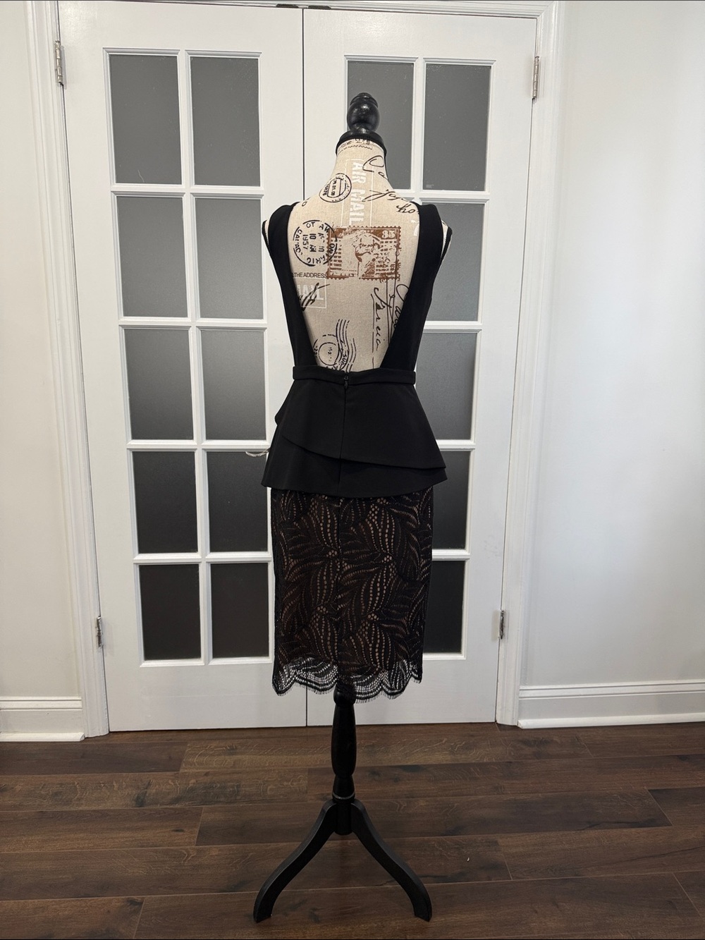 BCBGMaxAzria Black Sleeveless Peplum Midi Dress with Lace Overlay - Picture 3 of 4